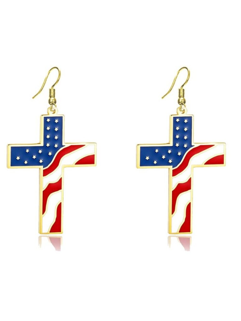 Gold American Flag Cross Earrings Patriotic Christian Religious Jewelry USA